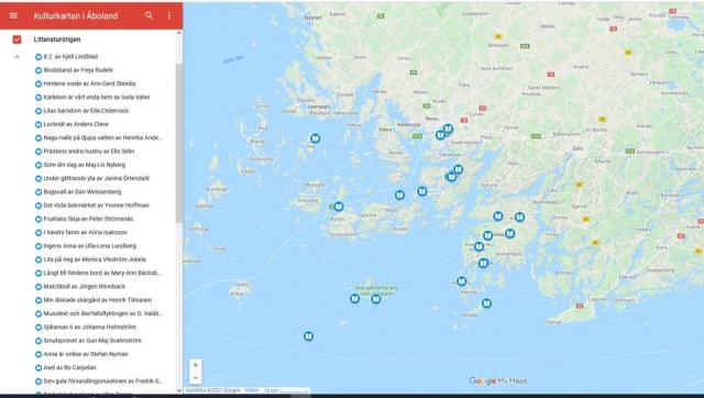 En karta, där litteraturstigens olika platser finns utmärkta.