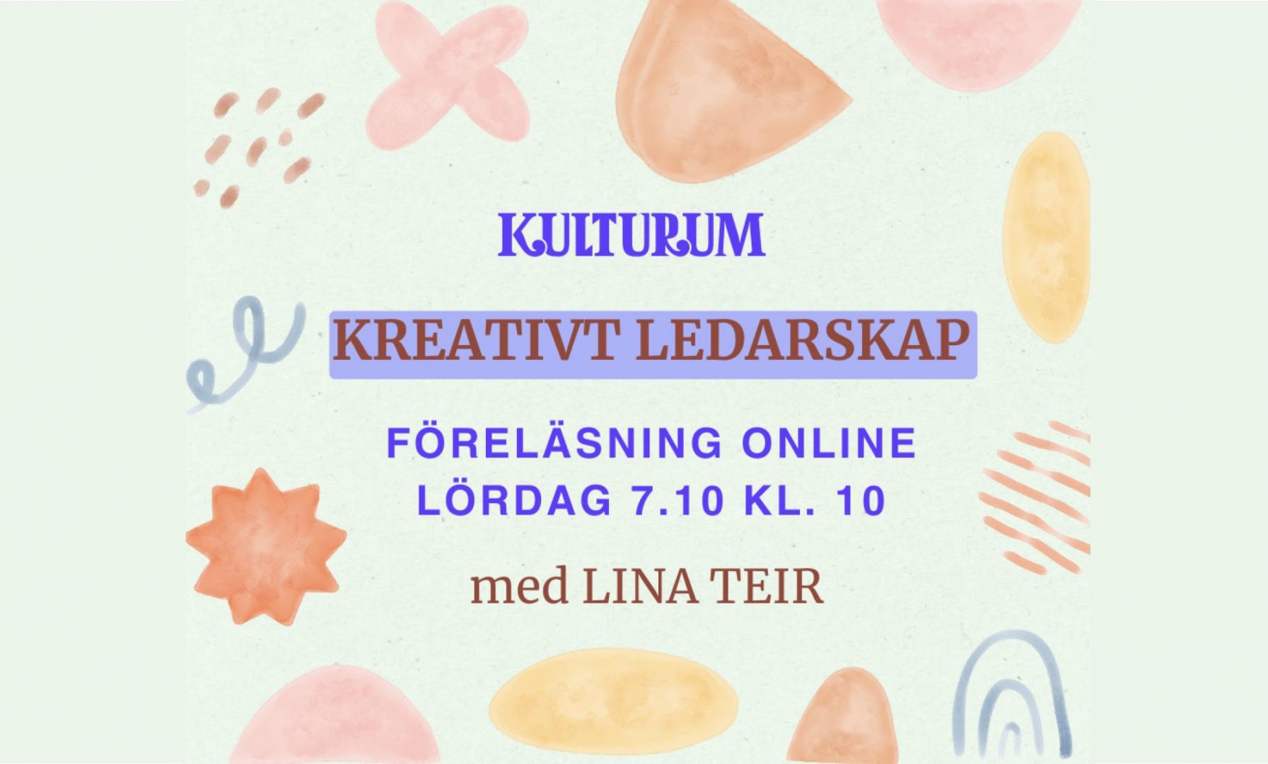 Visuell profil för webinariet kreativt ledarskap den 7. oktober klockan 10. Webinariet anordnas via Zoom.