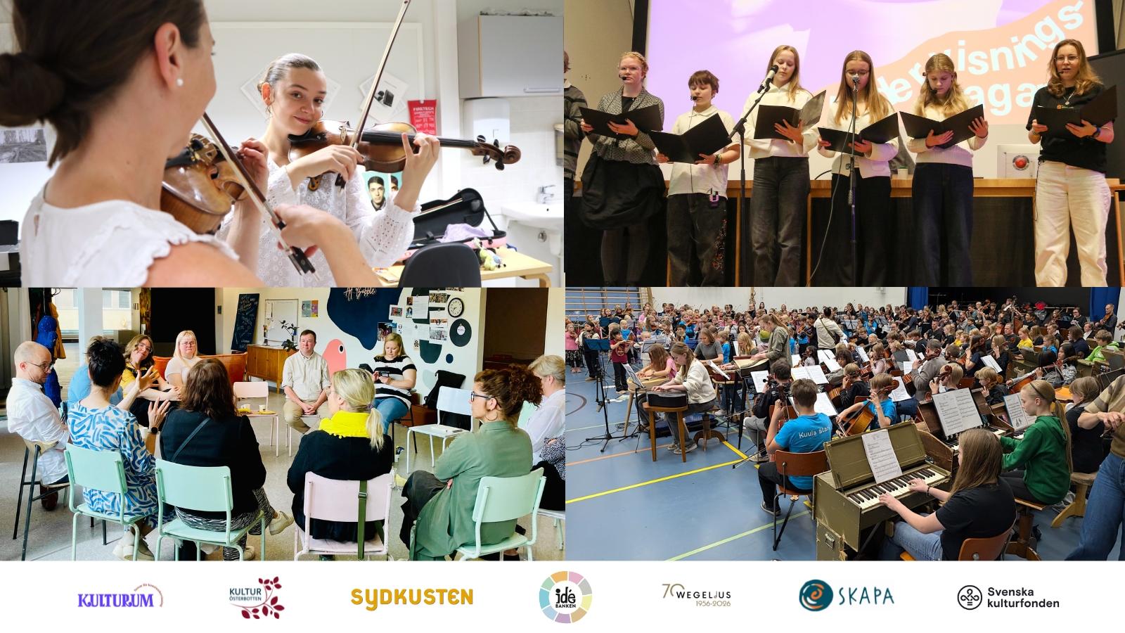 Bildkollage i färg av Idébankens och Kulturums verksamhet. Fotografier tagna ur Idébankens artiklar om folkmusik och musikundervisning och från Kulturums verksamhet från försommarträffar och Konstundervisningsdagarna 2025.